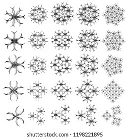 Winter Holiday Knitted Pattern with silver Circles, Dots, Stars and Twenty Five vector Snowflakes Set On a White Background.
