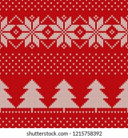 Winter Holiday Knitted Pattern with Snowflakes and Christmas Trees Ornament. Vector Seamless Wool Knit Texture Imitation