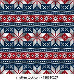 Winter Holiday Knitted Pattern with Snowflakes. Fair Isle Knitting Sweater Design. Seamless Christmas and New Year Background