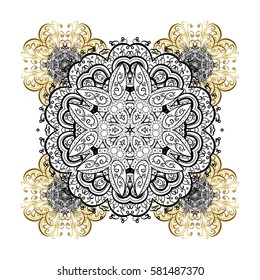 Winter Holiday Knitted Pattern with white Circles, Dots and Snowflakes On a White Background. Vector background with doodles and golden elements.
