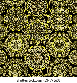 Winter Holiday Knitted Pattern with yellow, beige and neutral Circles, Dots and Snowflakes On a Black Background. Seamless vector background.