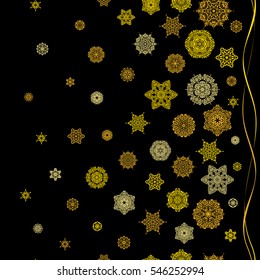 Winter Holiday Knitted Pattern with yellow Circles, Dots and Snowflakes On a Black Background. Seamless vector background.