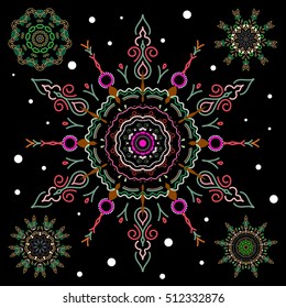 Winter Holiday Knitted Sketch with green and pink Circles, Dots and Five vector Snowflakes set On a Black Background.