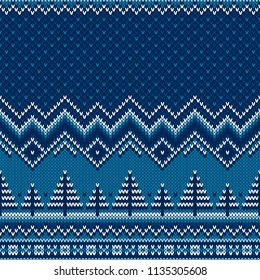 Winter Holiday Knitted Sweater Pattern with Christmas Trees. Wool Knit Seamless Melange Texture Imitation with Shades of Blue Colors