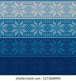 Winter Holiday Knitted Sweater Pattern with Snowflakes. Vector Seamless Background with Shades of Blue Colors. Wool Knit Texture Imitation