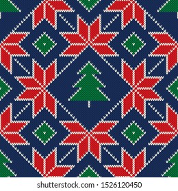 Winter Holiday Knitted Sweater Pattern Design. Christmas Trees and Christmas Stars Ornament. Vector Seamless Wool Knit Texture Imitation