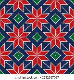 Winter Holiday Knitted Sweater Pattern Design. Christmas Stars Ornament. Vector Seamless Wool Knit Texture Imitation