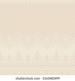 Winter Holiday Knitted Sweater Pattern Design. Mountains Landscape and Christmas Trees under the Snowfall. Wool Knit Texture Imitation