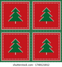 Winter Holiday Knitted Sweater Pattern Design. Christmas Trees Checkered Ornament. Vector Seamless Wool Knit Texture Imitation