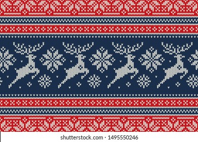 Winter Holiday Knitting Pattern with Christmas Reindeer and Snowflakes. Scheme for Wool Knit Christmas Sweater Seamless Pattern Design or Cross Stitch Embroidery
