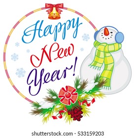 Winter holiday label with snowman and greeting text: "Happy New Year!". Christmas design element. Raster clip art.