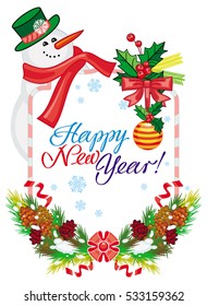 Winter holiday label with snowman and greeting text: "Happy New Year!". Christmas design element. Raster clip art.