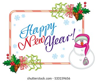 Winter holiday label with snowman and greeting text: "Happy New Year!". Christmas design element. Raster clip art.