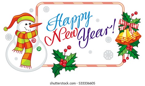 Winter holiday label with snowman and greeting text: "Happy New Year!". Christmas design element. Vector clip art.
