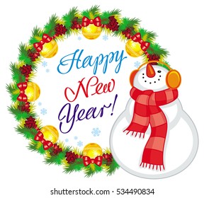 Winter holiday label with snowman and greeting text: "Happy New Year!". Christmas design element. Vector clip art.
