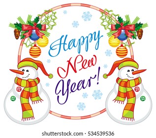 Winter holiday label with snowman and greeting text: "Happy New Year!". Christmas design element. Vector clip art.