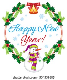 Winter holiday label with snowman and greeting text: "Happy New Year!". Christmas design element. Vector clip art.