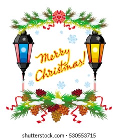 Winter holiday label with vintage lanterns and artistic written text "Merry Christmas!".  Design element for advertisements, web, greeting cards and other graphic designer works. Vector clip art.