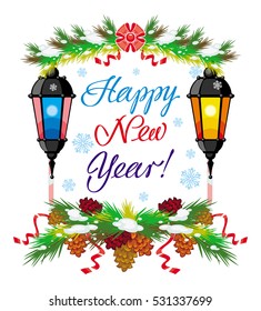Winter holiday label with vintage lanterns and artistic written text "Happy New Year!".  Design element for advertisements, web, greeting cards and other graphic designer works. Vector clip art.