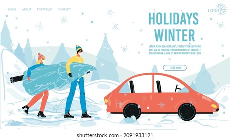 Winter holiday landing page design with family couple preparing for christmas eve carrying fir tree