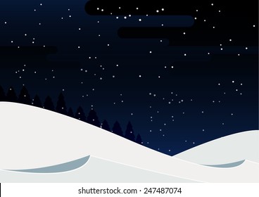 Winter holiday landscape with beautiful snowfall in the night sky. Vector, Illustration