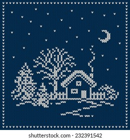 Winter Holiday Landscape. Christmas Sweater Design. Seamless Knitted Pattern