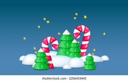 Winter holiday landscape with Christmas trees and candy canes in snowdrifts. Frozen forest at Christmas. Vector illustration with realistic 3d objects