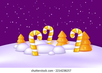 Winter holiday landscape with Golden Christmas trees and candy canes in snowdrifts. Frozen forest at Christmas. Vector illustration with realistic 3d objects