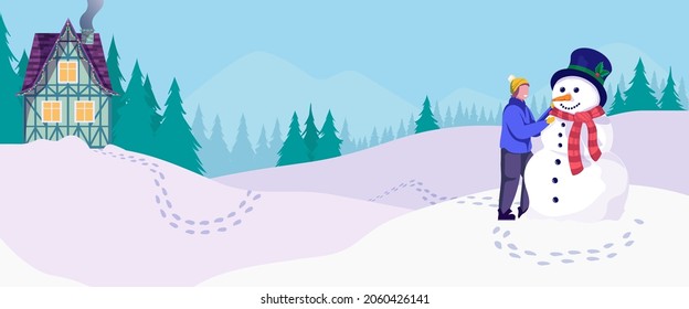 Winter holiday landscape. Man in outwear making a snowman. Christmas celebration banner. Outdoor activity. Colorful vector illustration. Cartoon style. 