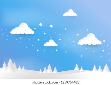 Winter holiday landscape with snowdrifts and snowy fir trees, marry christmas and 	
Happy New Year, paper art