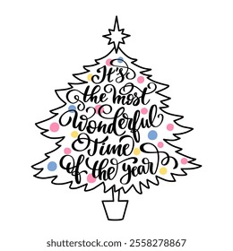 Winter holiday lettering inscribed in the shape of a Christmas tree. Vector color isolated illustration.