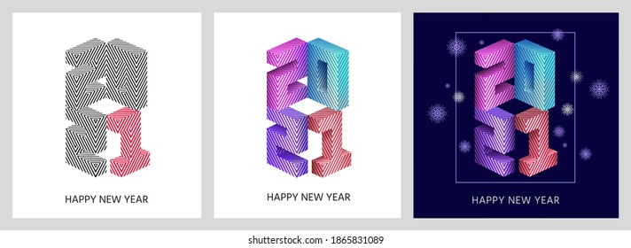 Winter holiday lettering typography logo set for New Year 2021 celebration. Isometric colorful numbers isolated on white and dark blue background. Minimal Holiday decoration elements for your design.