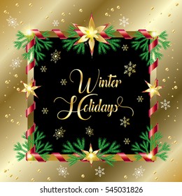 Winter Holiday lettering vector Merry Christmas Happy New Year 2022 Holidays background glitter gold foil snowflakes sparkles gold frame light effect Christmas decoration Festive ornament gift paper