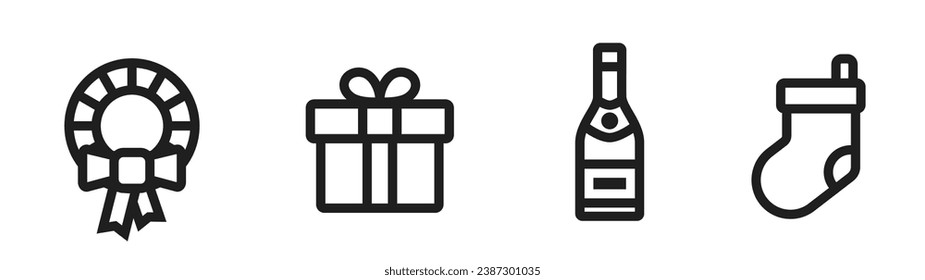 winter holiday line icons. christmas wreath, gift, champagne and christmas sock. vector images for Christmas, New Year and winter design