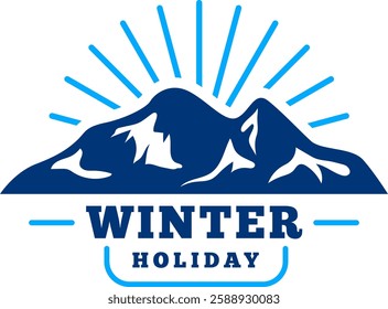 Winter holiday logo featuring snowy mountain peaks with sun shining above, perfect for travel agencies and winter resorts promoting vacations and tourism