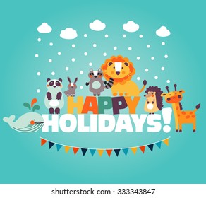 Winter holiday lovely vector card with funny cute animals, blue sky, snowflakes, clouds and garland. Ideal for cards, invitations, party, banners, kindergarten, preschool and children room decoration