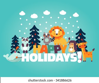 Winter holiday lovely vector card with funny cute animals, blue sky, snowflakes, clouds and Christmas trees. Ideal for cards, invitations, party, kindergarten, preschool and children room decoration