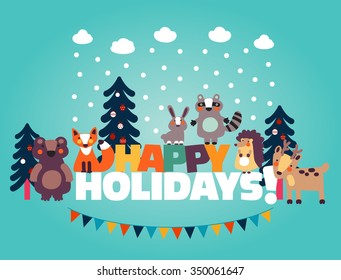 Winter holiday lovely vector card with funny cute animals, blue sky, snowflakes, clouds and Christmas trees. Ideal for cards, invitations, party, kindergarten, preschool and children room decoration