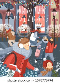 Winter holiday! Merry Christmas and Happy New Year! Vector cute illustration of people on the street in the city and families shopping at the store, at the market for sales. Drawing for background 