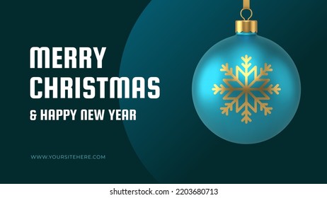 Winter holiday Merry Christmas premium web banner template turquoise hang spruce ball toy realistic 3d icon vector illustration. Xmas greeting poster congratulations festive eve celebration