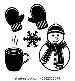 Winter holiday monochrome set with snowman mittens hot drink snowflake