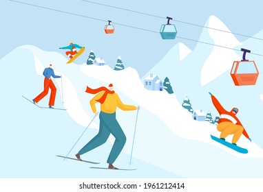 Actividad deportiva de montaña en vacaciones de invierno, personas turísticas agrupan el descenso de montaña de esquí y el entrenamiento de snowboard ilustración vectorial plana.