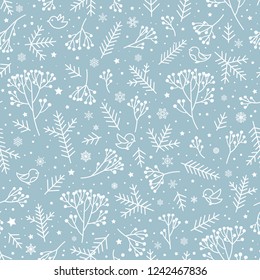 Winter holiday nature seamless floral pattern. Christmas snow background with spruce branches, berries, birds, snowflakes and stars