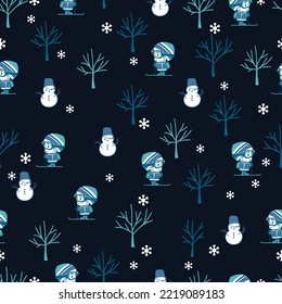 Winter Holiday Night Ski Boys Vector Graphic Seamless Pattern can be use for background and apparel design