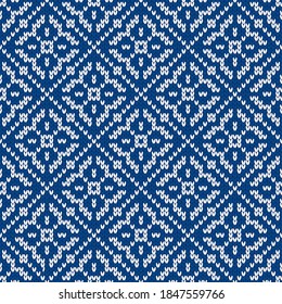 Winter holiday ornament with snowflakes. Christmas and New Year wool knitted sweater. Seamless pattern, vector illustration, traditional background.