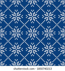 Winter holiday ornament with snowflakes. Christmas and New Year wool knitted sweater. Seamless pattern, vector illustration, traditional background.