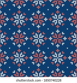 Winter holiday ornament with snowflakes. Christmas and New Year wool knitted sweater. Seamless pattern, vector illustration, traditional background.