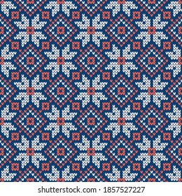 Winter holiday ornament with snowflakes. Christmas and New Year wool knitted sweater. Seamless pattern, vector illustration, traditional background.