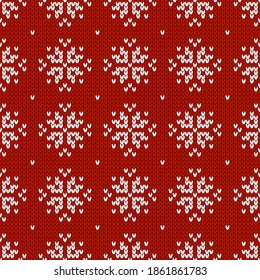 Winter holiday ornament with snowflakes. Christmas and New Year wool knitted sweater. Seamless pattern, vector illustration, traditional background.