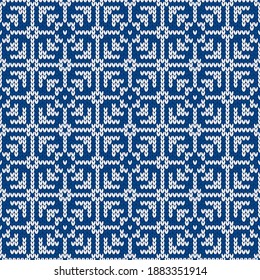 Winter holiday ornament with snowflakes. Christmas and New Year wool knitted sweater. Seamless pattern, vector illustration, traditional background.